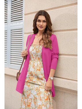 Women's Hot Pink Open Front Long Sleeve Business Casual Long Cardigan Sweater